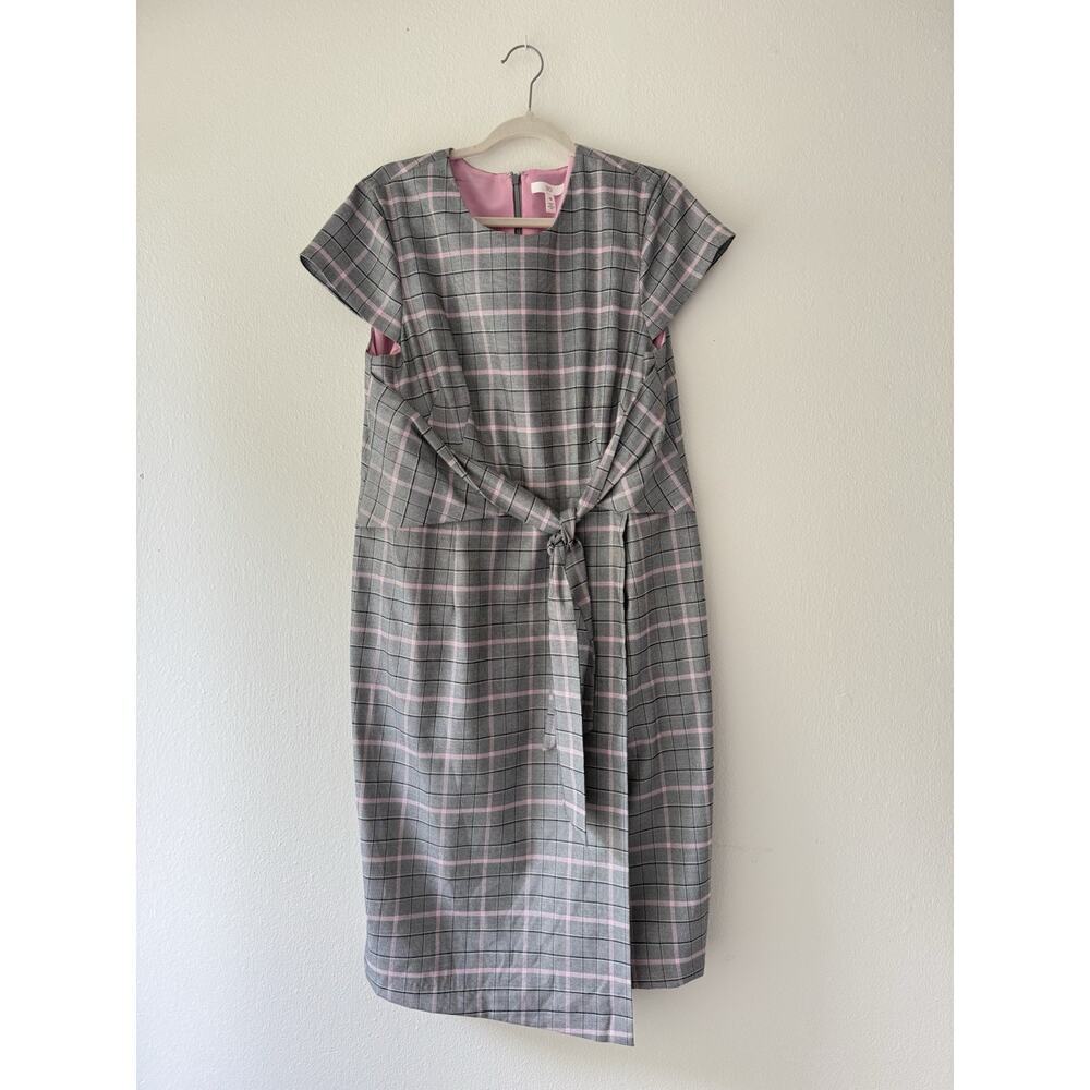 1901‎ Nordstrom Black Gray Pink Plaid Cinched Waist Office Midi Dress Size 16